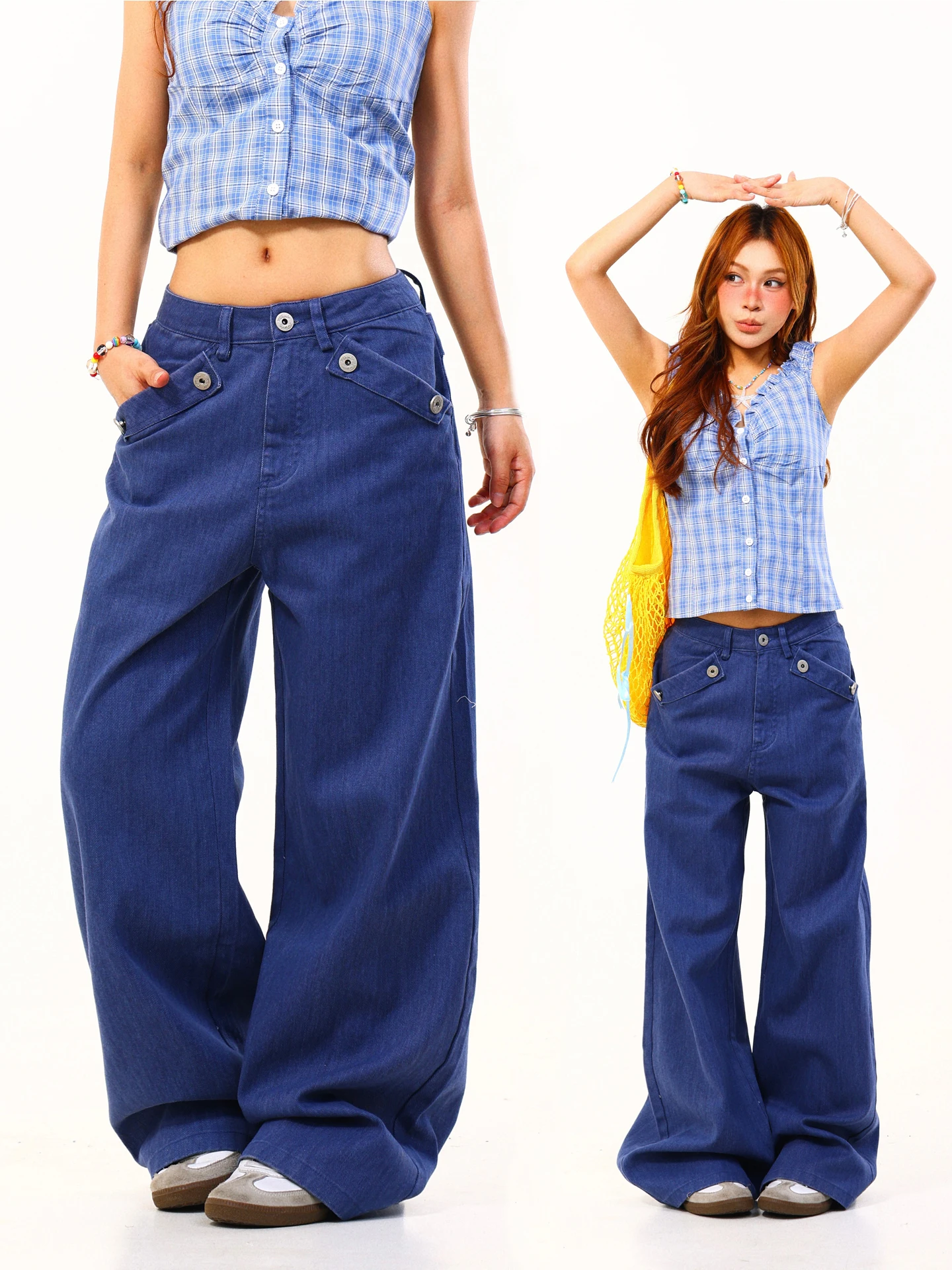 

Light Blue High Waist Wide Leg American Style Paris Button Denim Jeans Women Summer Loose Fit Vintage Wear Resistant