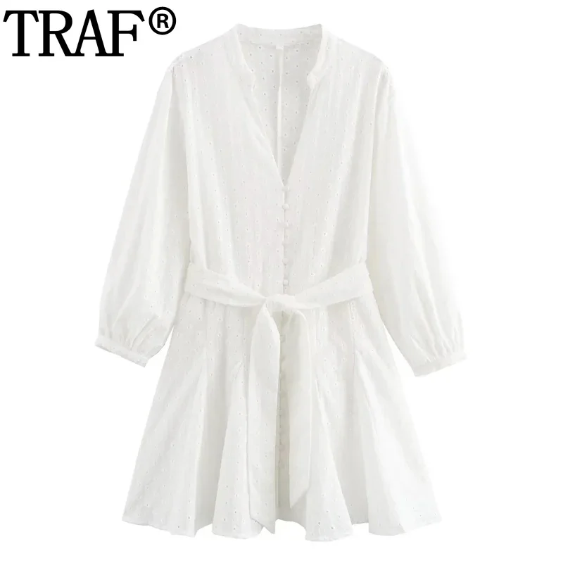 TRAF Cut Out Embroidery Shirt Dress Belt Mini White Dresses Woman Long Sleeve Short Dresses Women Button Casual Elegant Dresses