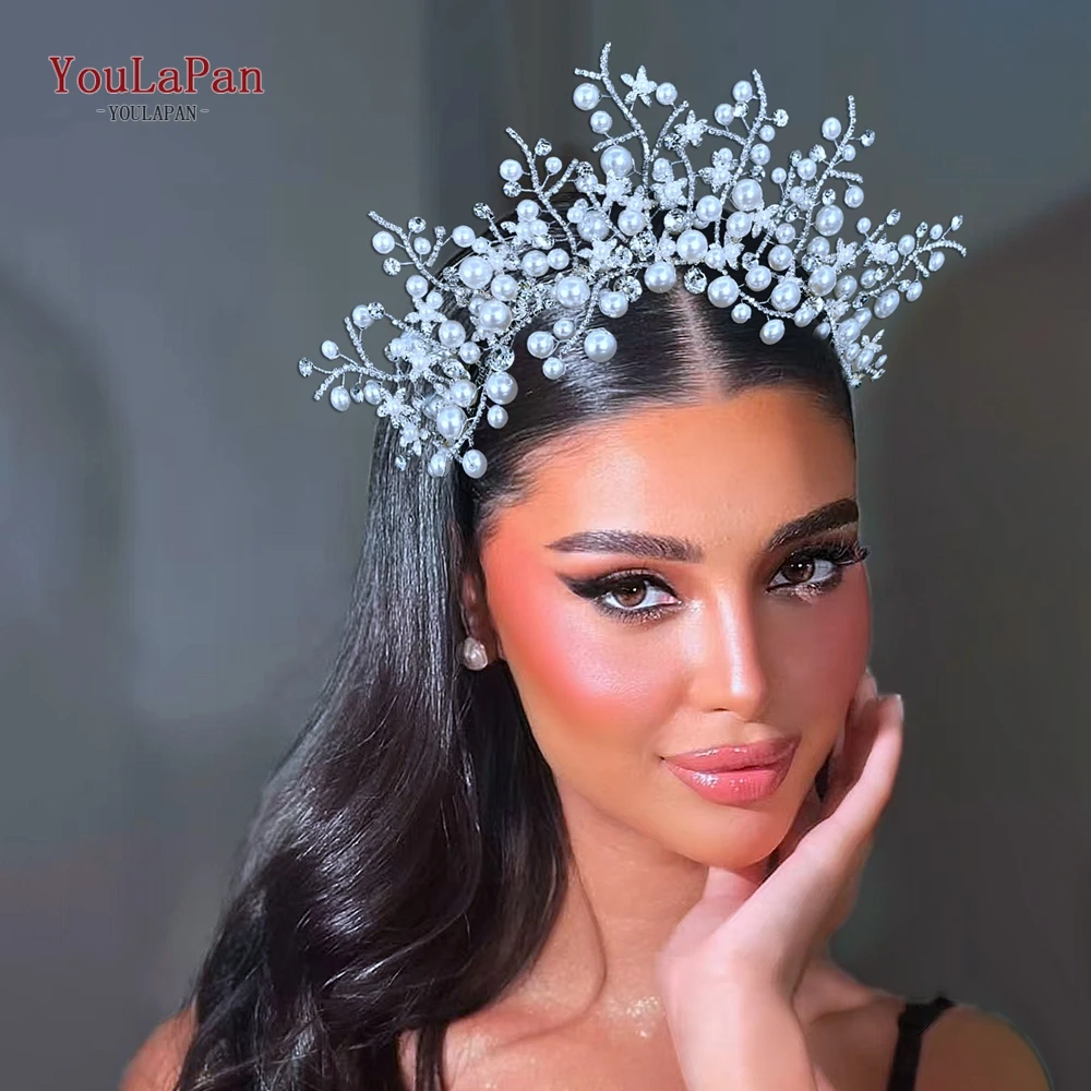 

YouLaPan Handmade Bride Pearl Crown Head Hoop Weeding Flower Headband Hair Accessories Bohemia Bride Tiaras Headpieces HP955