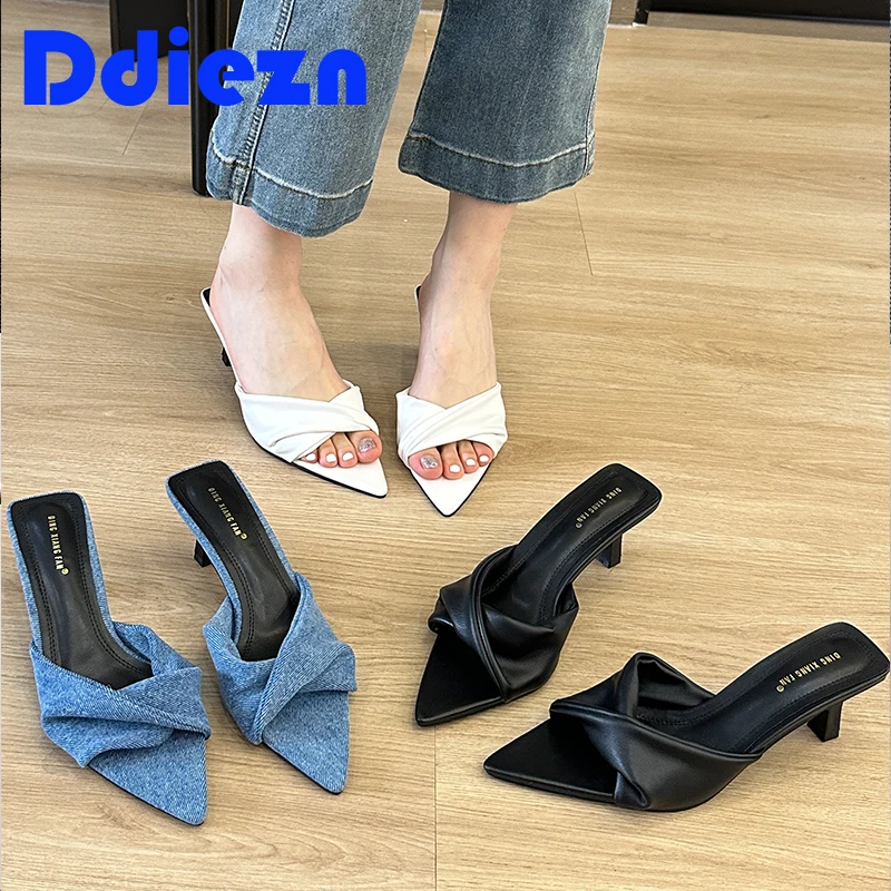 High Heel Shoes For Women Outdoor Slippers 2024 Summer Footwear  Fashion Design Pointed Toe Ladies Slides Pumps Female Mules