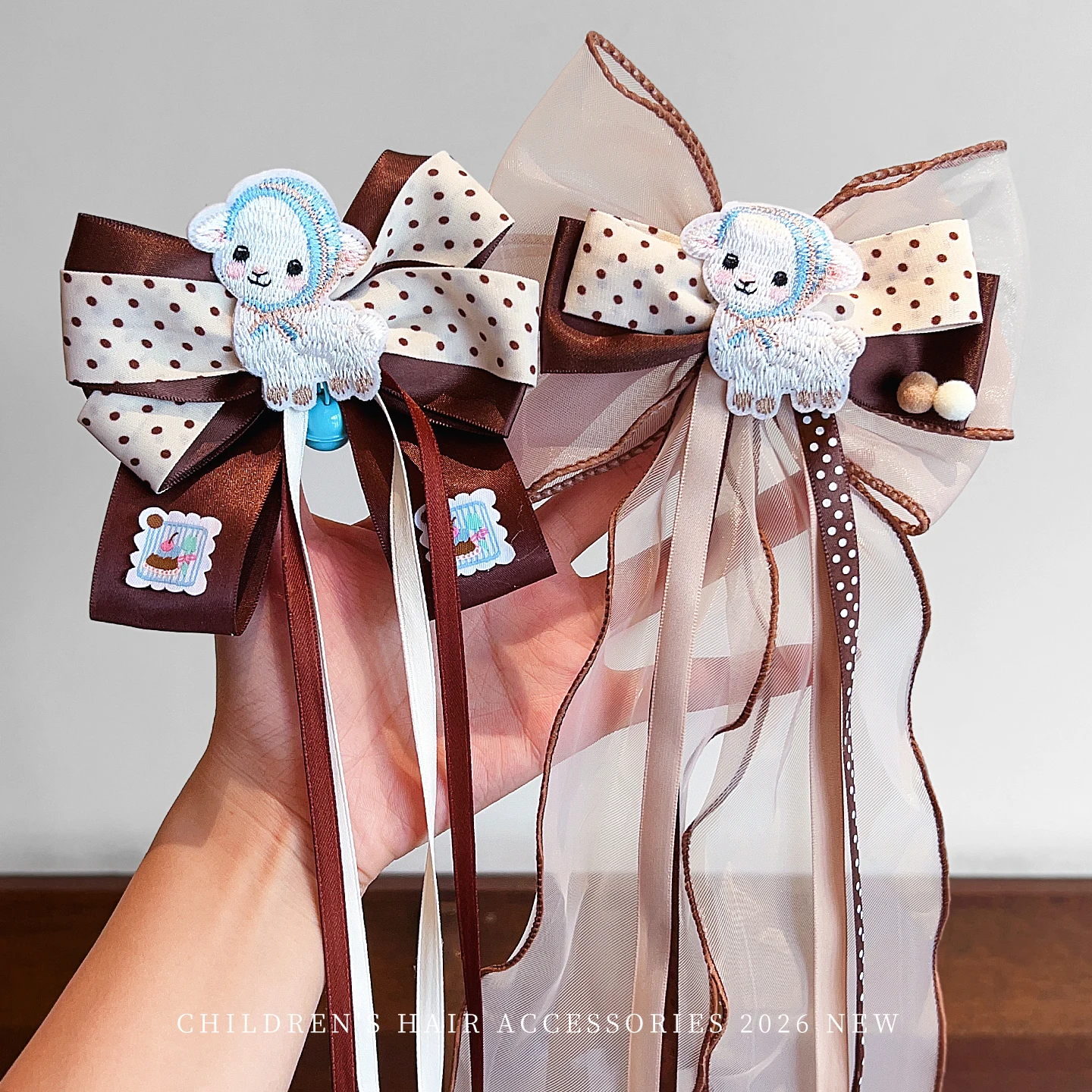 2026 Vintage Plaid Polka Dot Satin Lace Organza Bow Hair Barrette For Girls Brown Long Ribbon Lamb Bear Tassel Hair Clip Hairpin