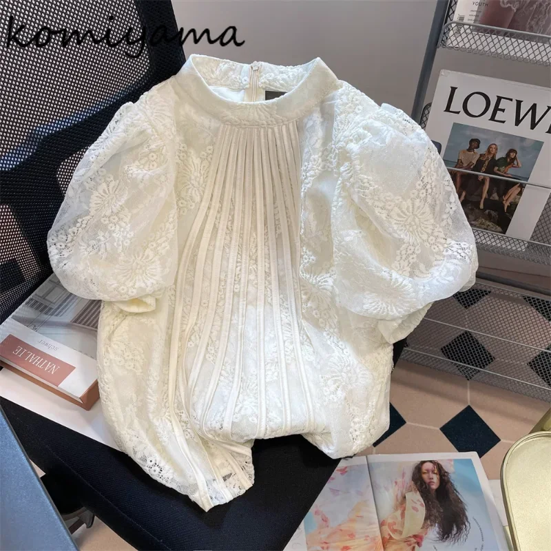 Komiyama Korean Chic Stand Collar Lace Blusas Mujer Jacquard Pleated Shirts Blouses Summer Shirt Tops Sweet Moda Camisas