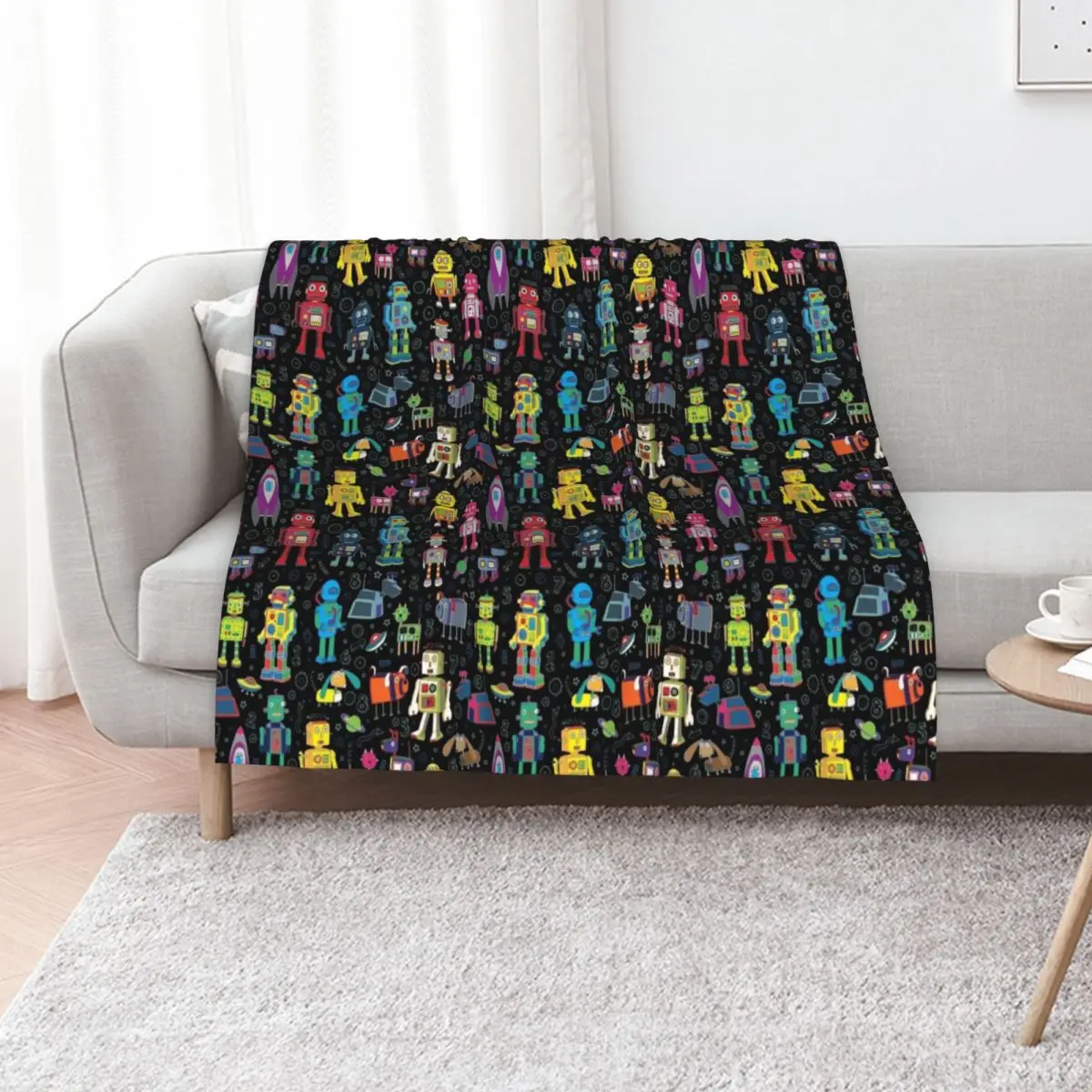 Robots in Space - black - fun pattern by Cecca Designs Throw Blanket Moving Plush halloween Stuffeds Hair Furrys Blankets
