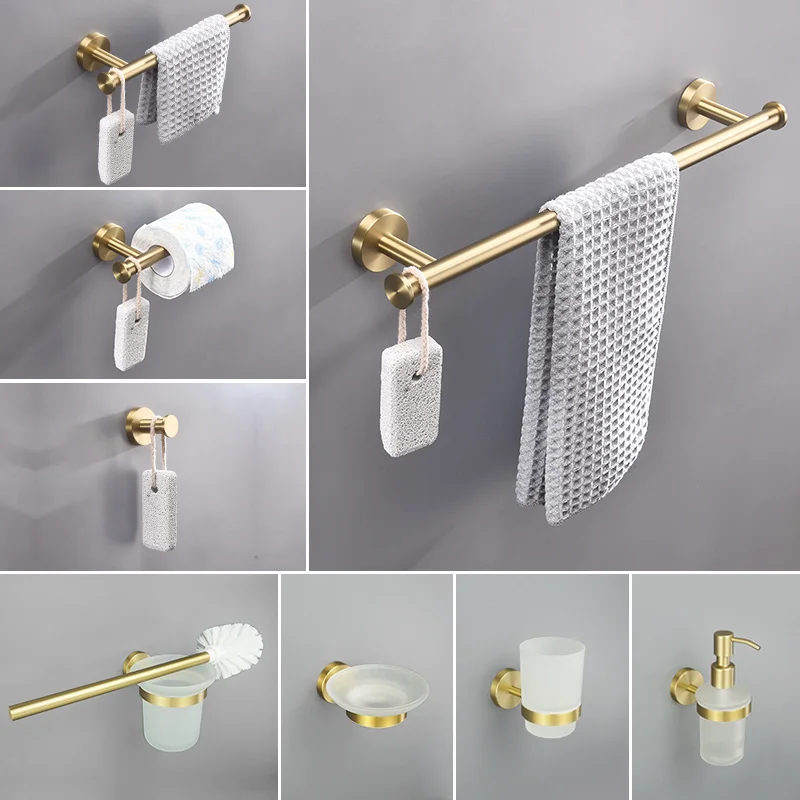 Brushed Gold 304 Stainless Steel Dual-Function Towel Bar Paper Towel Holder tTowel Ring Bathroom Cup Holder Toilet Brush Pendant