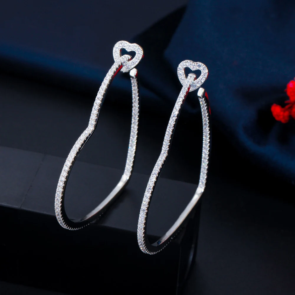 

ThreeGraces New Fashion White Cubic Zirconia Love Heart Shape Big Thin Hoop Earrings for Women Trendy Daily Party Jewelry E1101