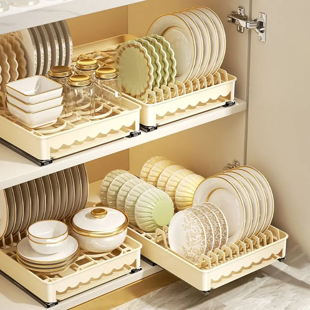 

Slideable Plastic Pull Out Dish Rack Punch-free Built-In Slide Out Dish Drying Rack Large Space Saving Dish Holder Cabinets