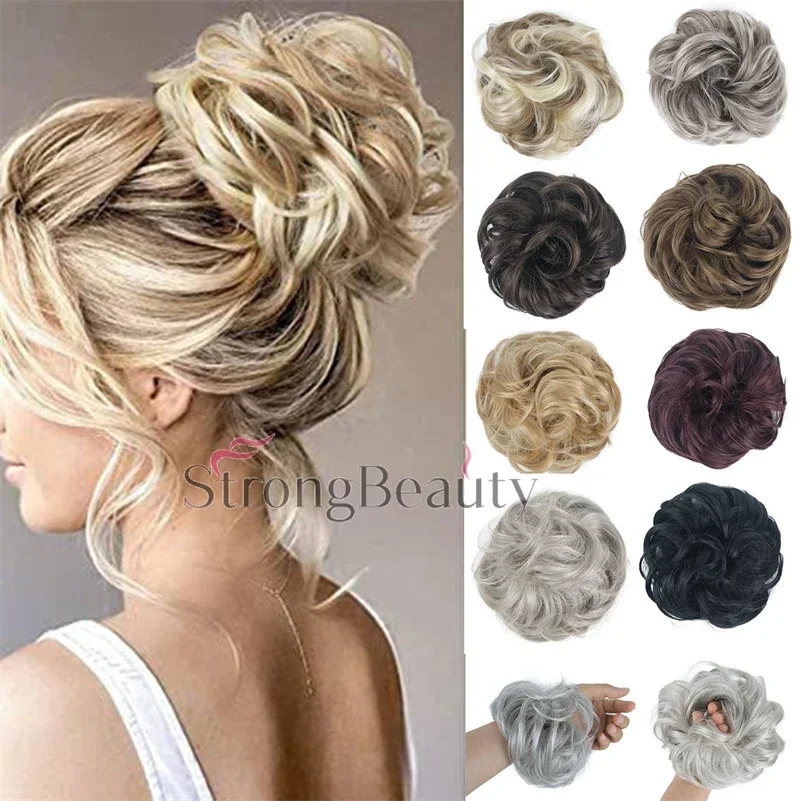 Pedaço de cabelo sintético bagunçado para mulheres, peruca elástica falsa, Donut Chignon Scrunchies, coque marrom loiro, uso diário