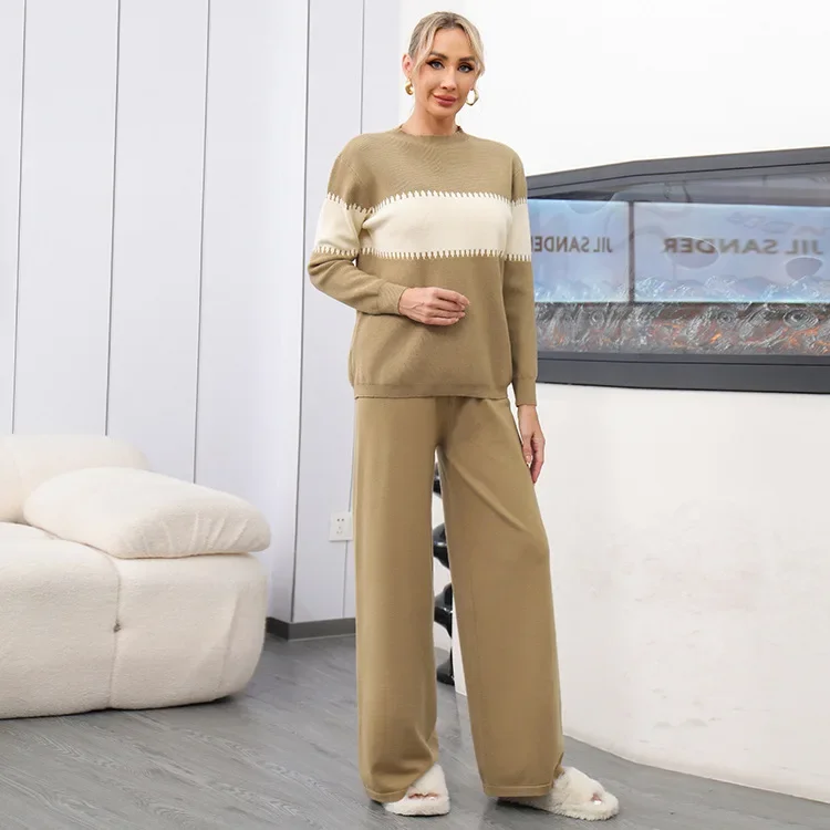 Women Two Piece Pant Sets Knit Striped Sweater Full Sleeve o Neck Wide Leg Pants Elastic Waist Solid Casual autumn winter 2024