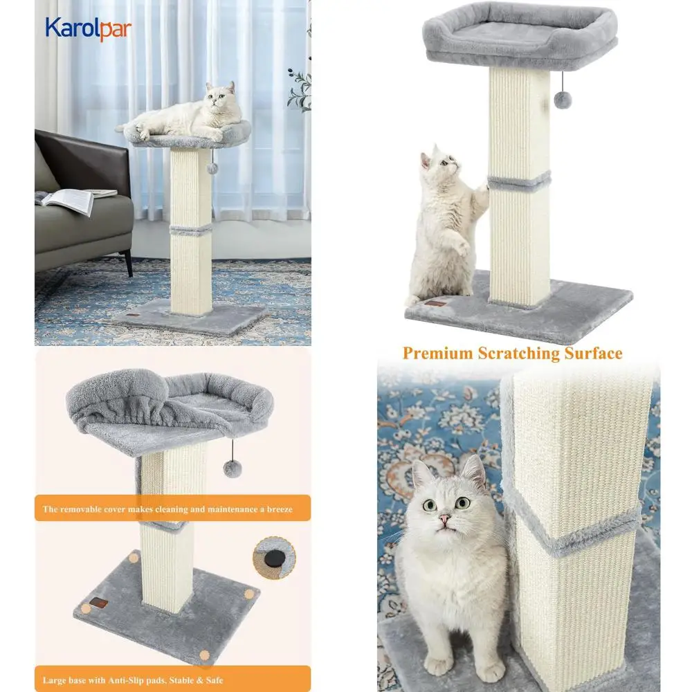 

32"CatScratchingPostorIndoorCats,SisalCatScratcherwithPlushPerch,LargeScratchPostwithBed,RemovableCover,Sisalabric,LightGrey