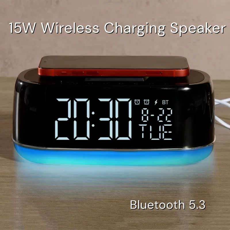 4-in-1 15W Wireless Fast Charging Multi Function Bluetooth Speaker Bedside Charging Night Light Alarm Clock Date Disp Music Box