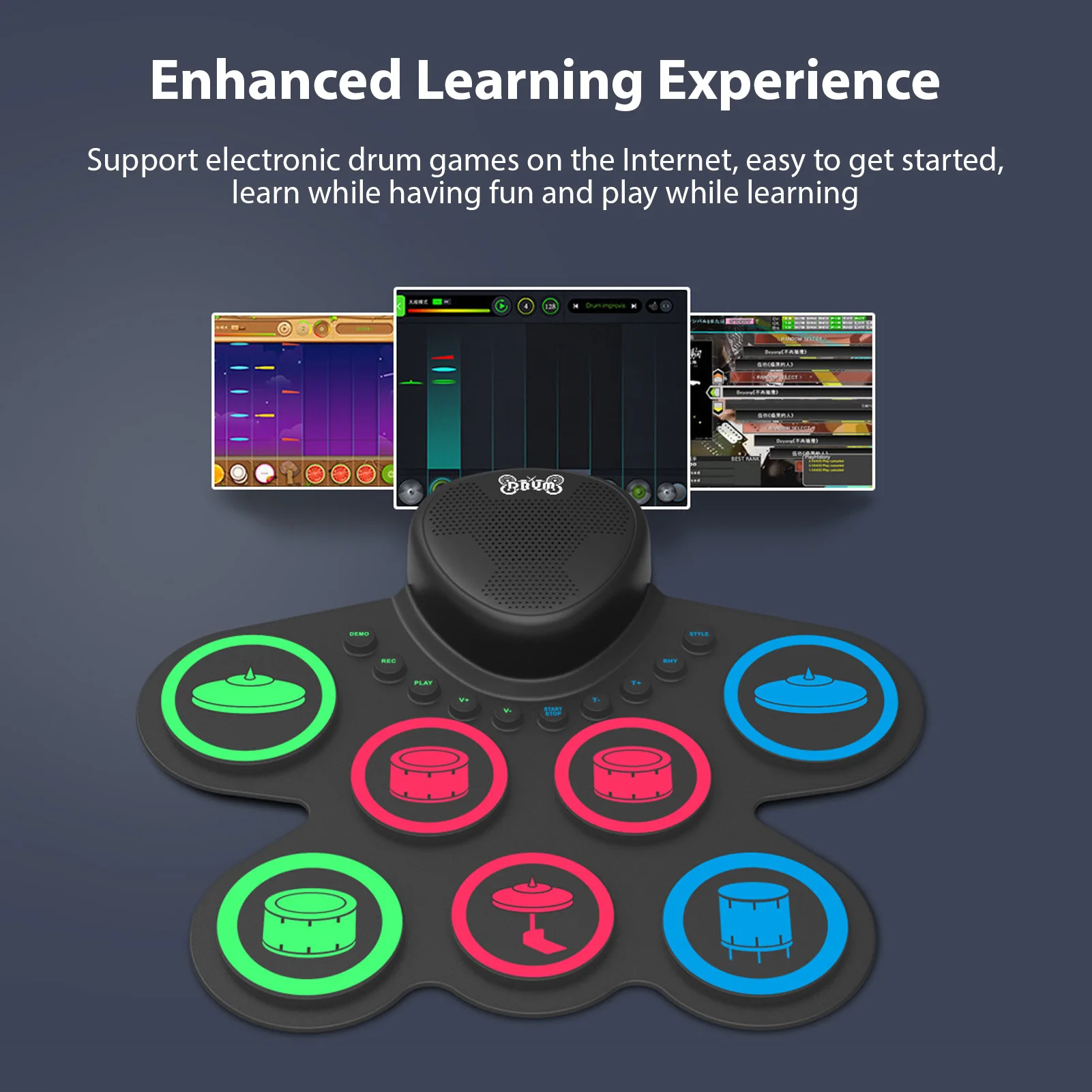 

Электронная барабанная установка с двойным динамиком. Свернутая барабанная площадка. 7-подушечная силиконовая тренировочная площадка. Барабанная установка, перезаряжаемая с барабанными палочками.