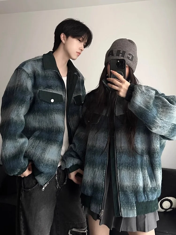 Thickened Woolen Plaid Jacket for Men Autumn Winter Vintage American Style Youth Fashion Contrast Color Design Long Sleeve Coat
