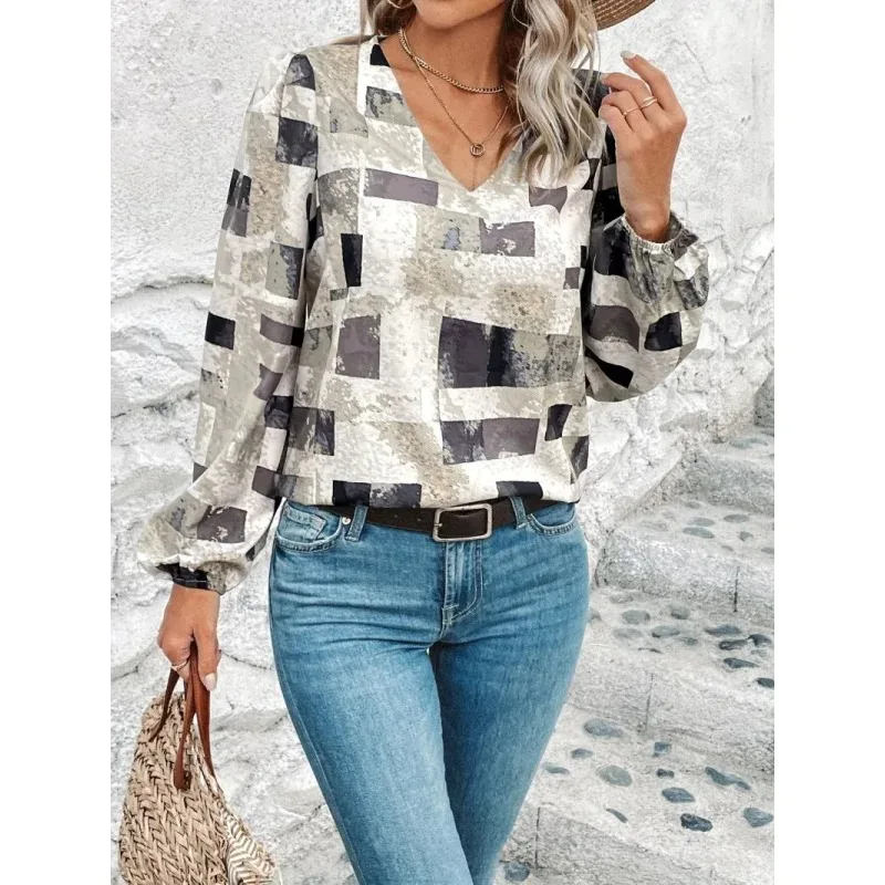 

Color-Block Elegant Casual New Pattern Print Base Spring Summer Round Neck Long SleeveTWomen's Blouse