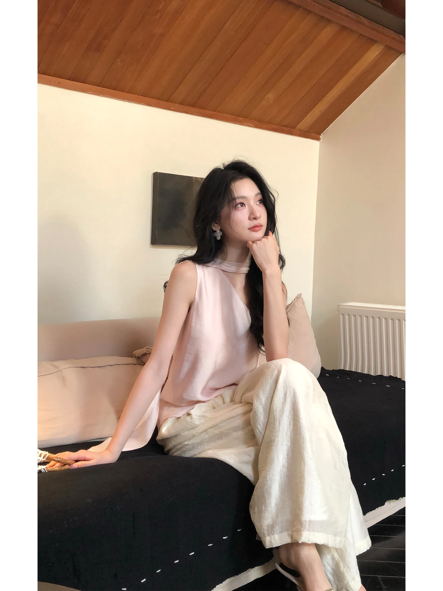 Pusumede Glass Beauty Detachable Sash Asymmetrical Shoulder Women's Sleeveless Shirt Atmosphere Sense Casual Style Summer Top