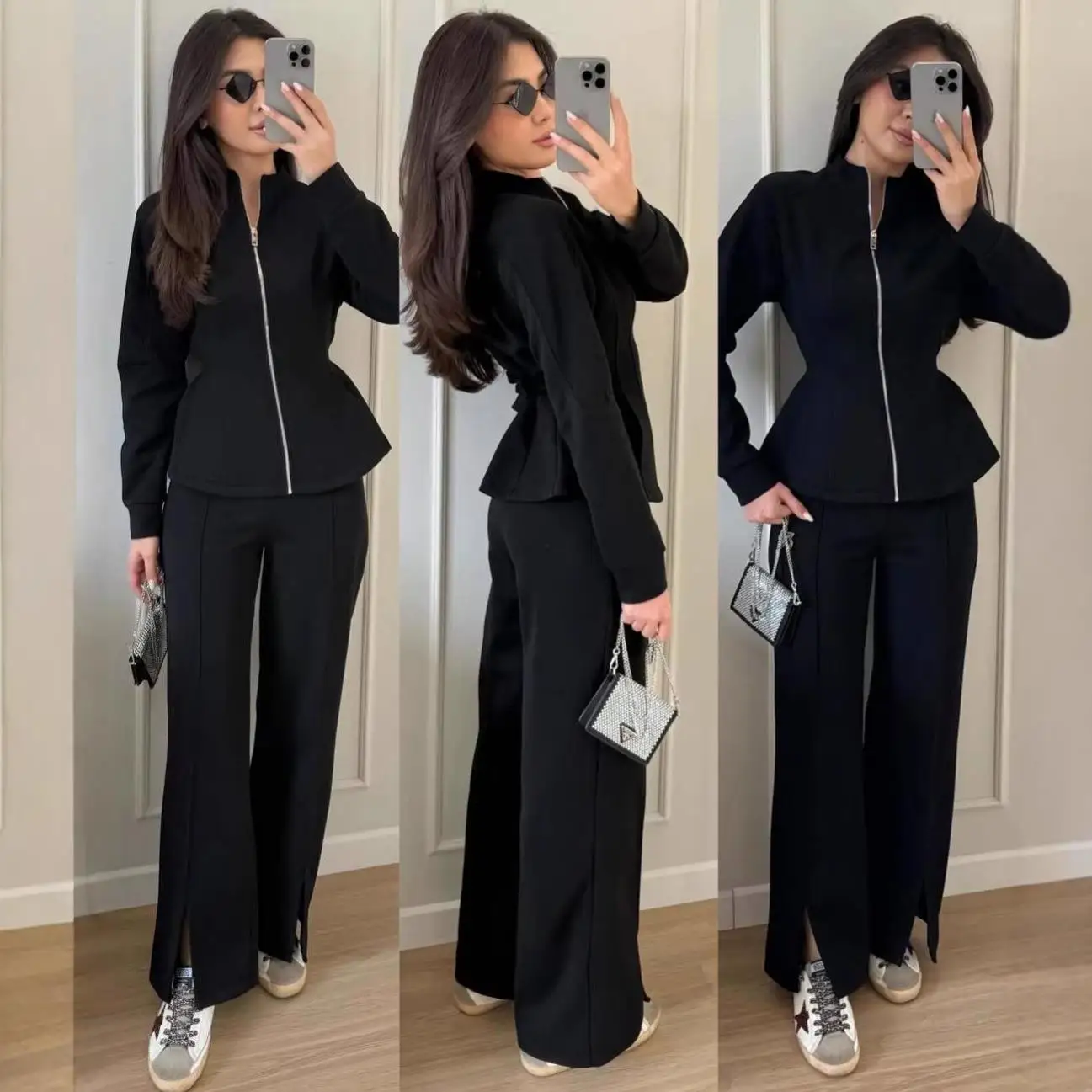 Sexy Casual Zipper Long Sleeve Stand Collar Waist Cinching Trendy Pants Women's Fashion Cross-Border Leisure Trousers
