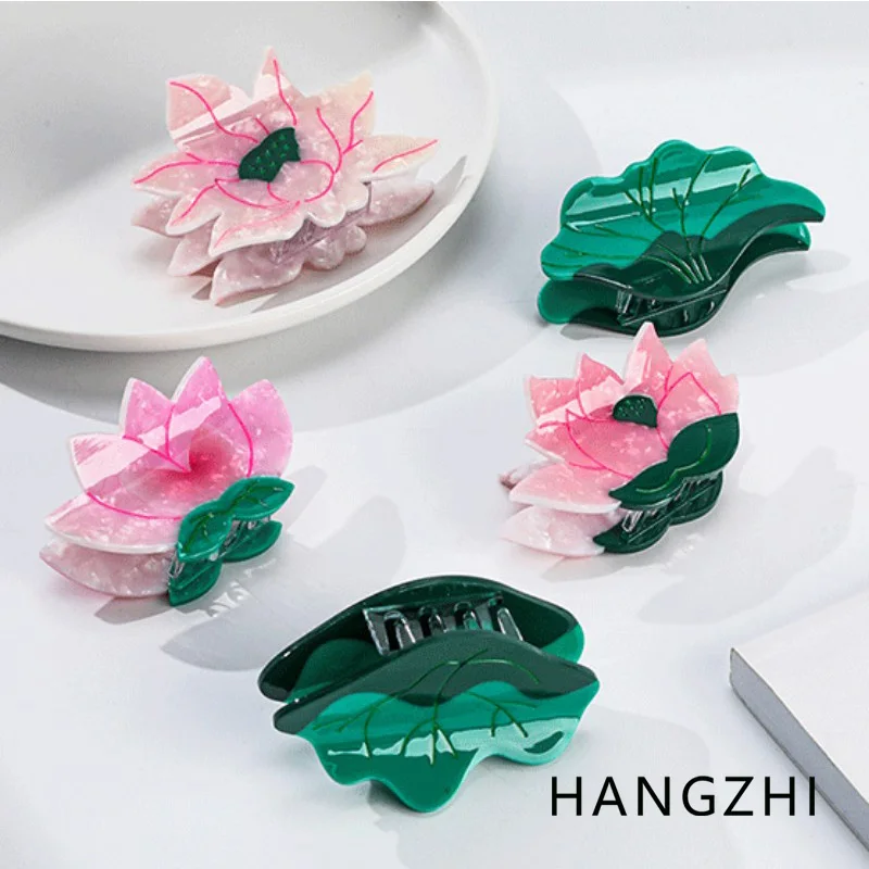 HANGZHI Green Lotus Leaf Pink Flower Grab Clip Korean Vintage Elegant Hair Accessories for Women Girls Daily Commuter Headwear