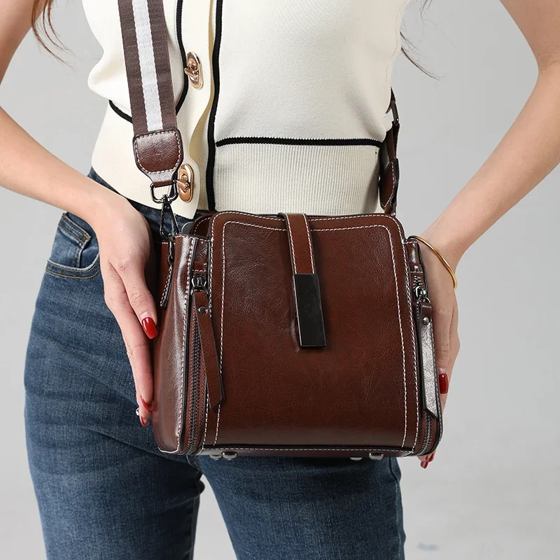 Genuine 100% Oil Wax Cowhide Leather Women Crossbody Bag Ladies Cow Handbag Cow Leather Shoulder Bag Luxury Brand Bucket Bag