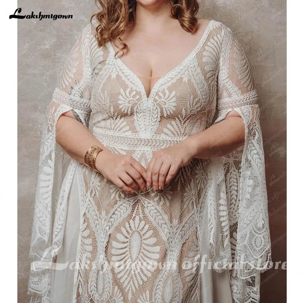 Lakshmigown Bohemian Boho Hochzeitskleid aus Spitze und Chiffon mit langen Ärmeln, offenem Rücken, V-Ausschnitt, Übergröße, Vestidos De Novia, maßgeschneidert. – Detail 8