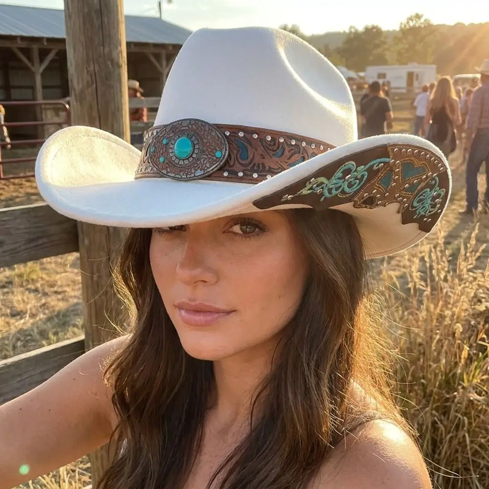 Casual Dress Up Western Cowboy Hat Wide Brim Bohemian Western Cowgirl Hat Turquoise Decor Jazz Top Hat Halloween