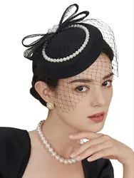 Derby Kenducky Fasciantor Hat Wedding Veils With Pearl Headwear For Women Bride Party Mesh Headpiece Fashion Hair Accessories