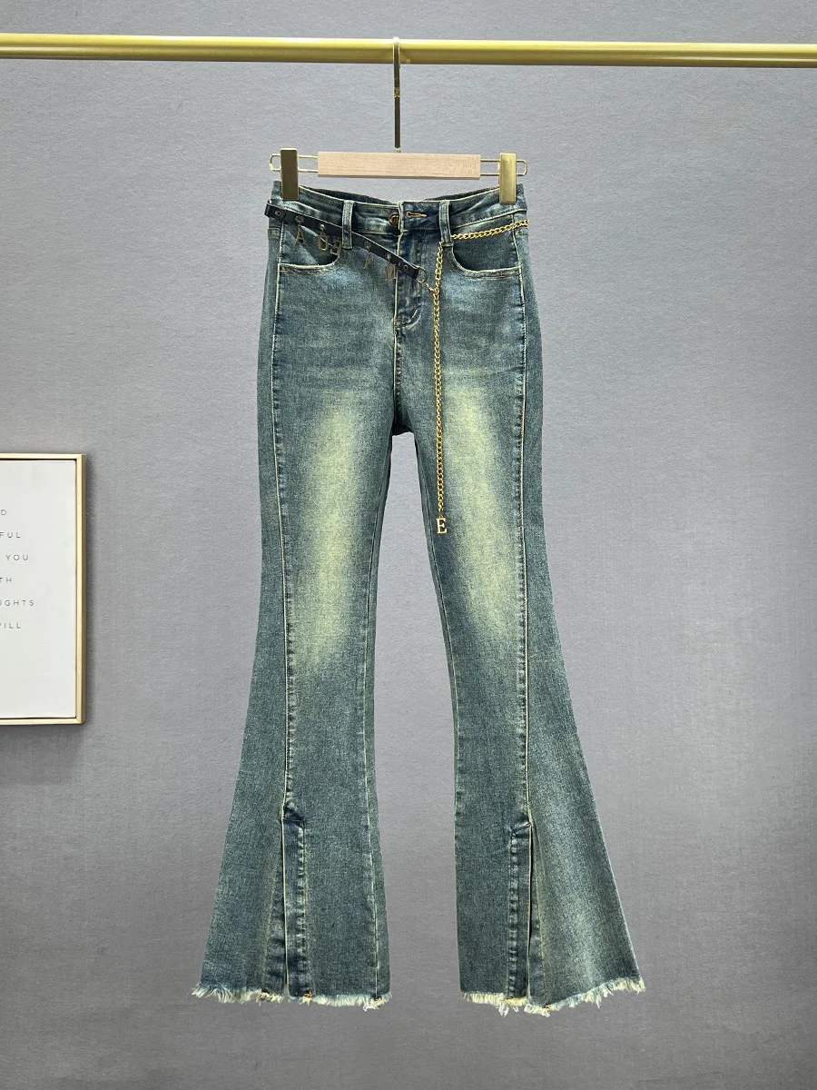 

High Waist Slim Fit Denim Micro Flared Pants Women's Spring Autumn New Style Elastic Cotton Stretch Blue Jeans Long Trousers