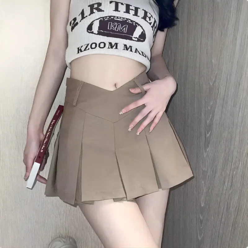 Summer New Women Slim Solid Color Pleated Short Skirt College Style Pure Want To High-waisted Skinny-proof A-Line Clothing