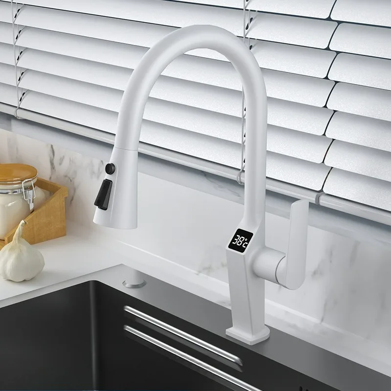 LED Digital Display Kitchen Faucet Pull-out Type Cold & Hot Rotatable Three-functionTaps Stainless Steel Splash-proof Sink Fauce