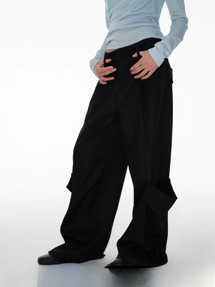 

JCAESAR Pleated Pants Straight Leg Micro Flared Trousers with Double kets Casual Polyester Fiber l Waist Zipper