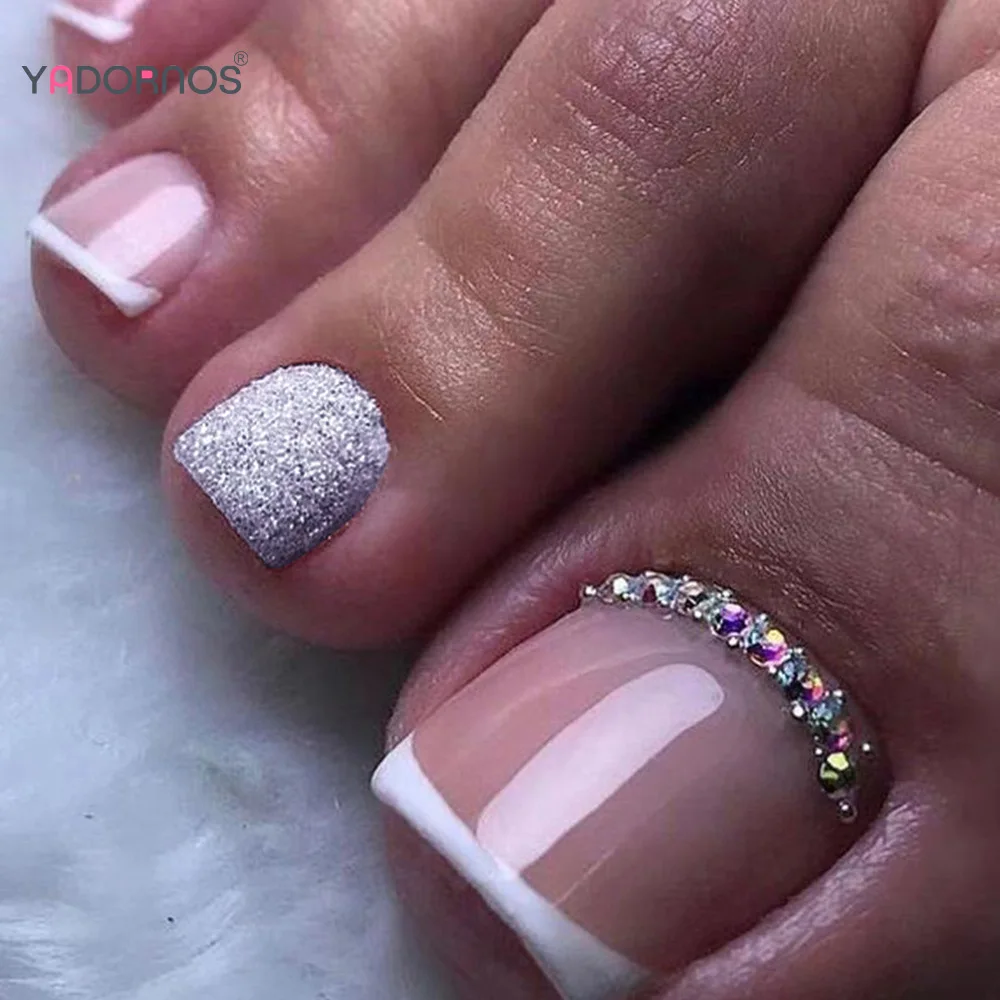 Nude Color Fake Toenails Glossy Sequins Diamond Designed White French Style Press on Nails Wearable False Nails for Women 24Pcs