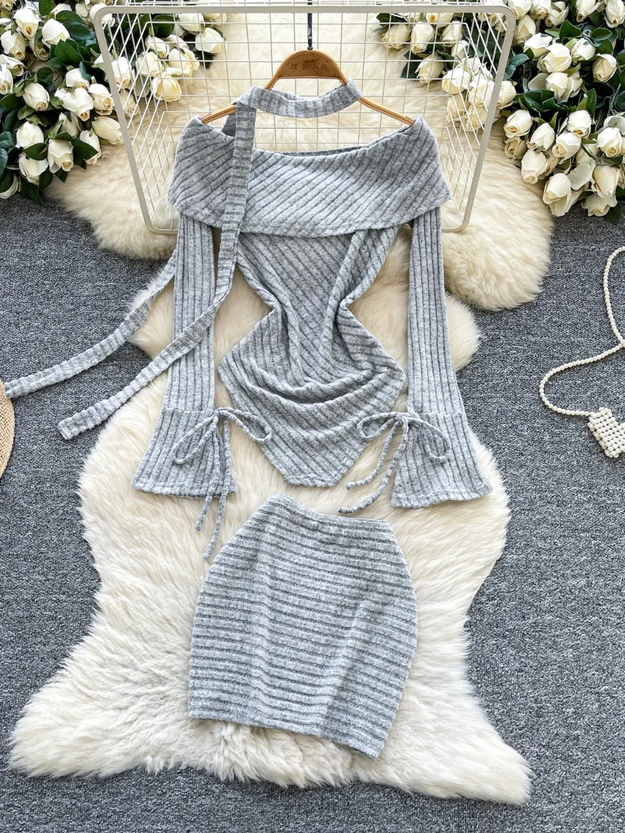 

Foamlina, сексуальный топ с открытыми плечами и расклешенными рукавами, рубашка и мини-короткая облегающая юбка, женский осенний элегантный комплект из двух предметов