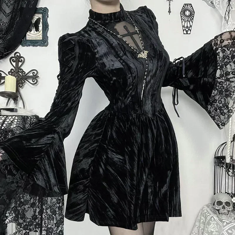 

Mall Goth Fairycore Gothic Dress Women Aesthetic Lace Patchwork Flare Sleeve High Waist Halloween Dark Partywear