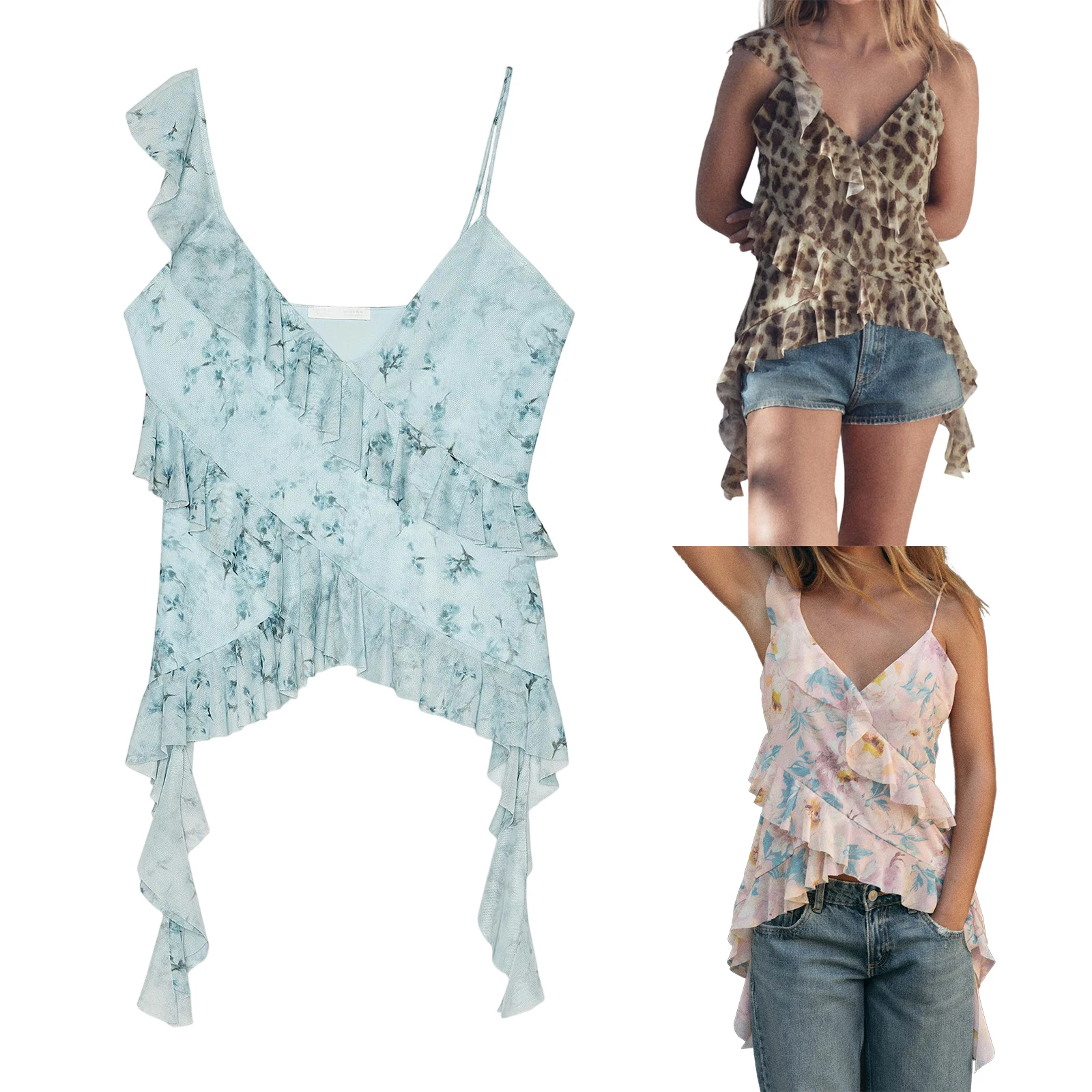 

Dourbesty Women Summer y2k Fairy Asymmetrical Camis Casual Floral/Leopard Print Ruffles Tank Tops Sleeveless Camis Streetwear