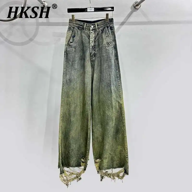 

HKSH Men's Tide Punk Jeans Streetwear American High Street Straight Floor Washing Gradient Craft Fashion Denim Pants Chic HK1984