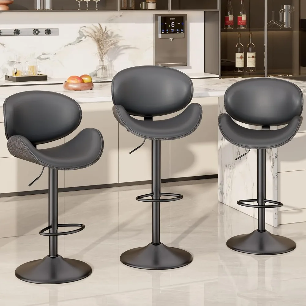

Swivel Bar Stools Set of 3, Seat Adjustable Height 23.5-32.5IN Bentwood Barstools with Back & Footrest, PU Leather Upholstered C
