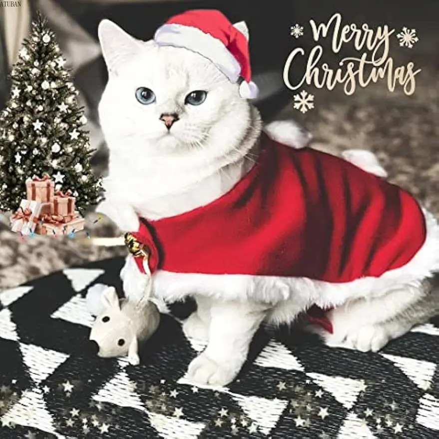 ATUBAN  Pet Christmas Costume Cat Santa Outfit Small Dog Xmas Hat with Cloak Set Cat New Year Apparel Cat Costumes