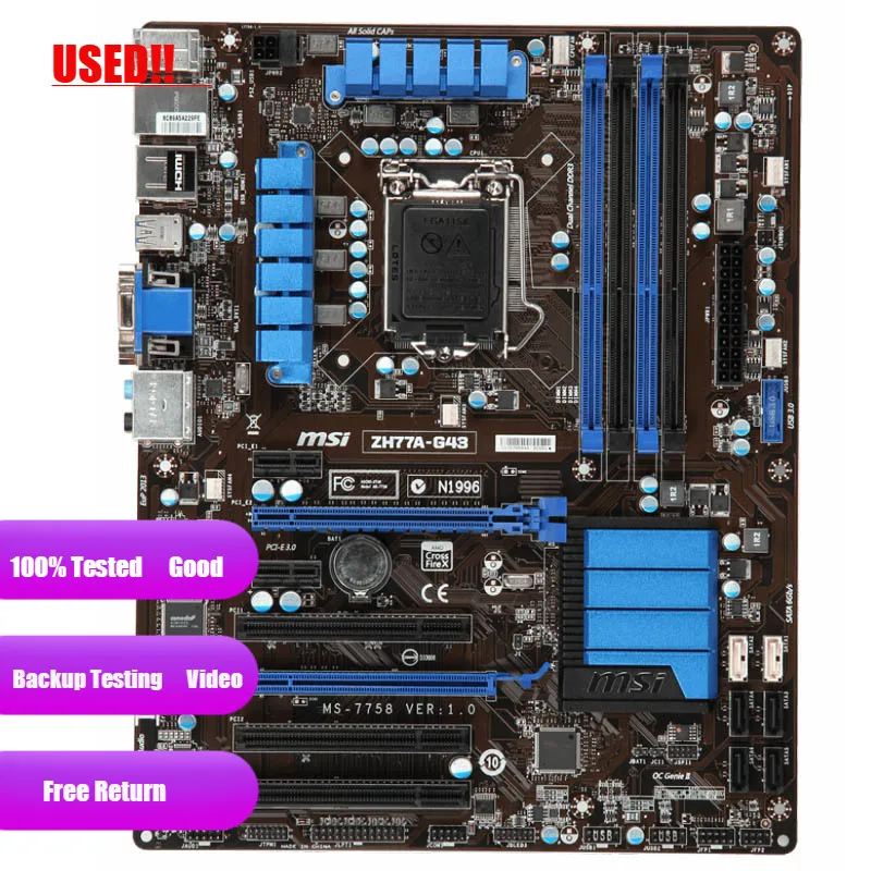 Used  MSI ZH77A-G43 original motherboard DDR3 LGA 1155 for I3 I5 I7 CPU 32GB USB3.0 SATA3 H77 motherboard