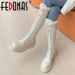 FEDONAS Platform donna stivali alti al ginocchio stivali lunghi caldi in lana invernale scarpe incrociate in vera pelle donna moda Casual all'aperto