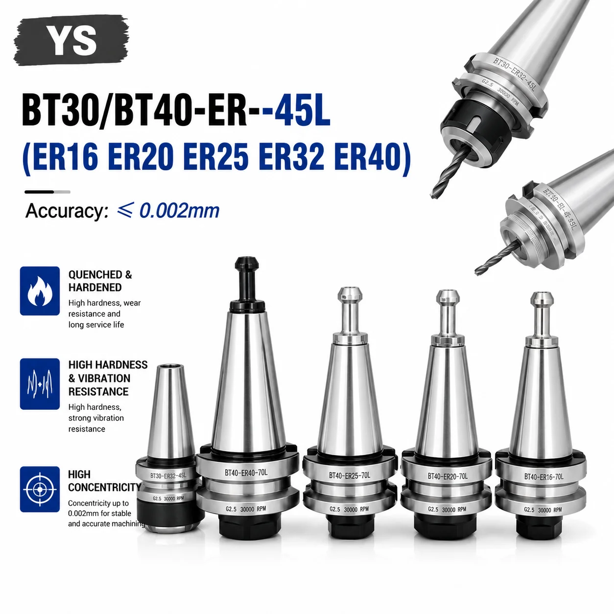 Accuracy 0.002 BT30 BT40 ER16 ER20 ER25 ER32 ER40 45/50L Short Tool Holder ER Collet Milling BT30 Spindle CNC Lathe Tool Holder