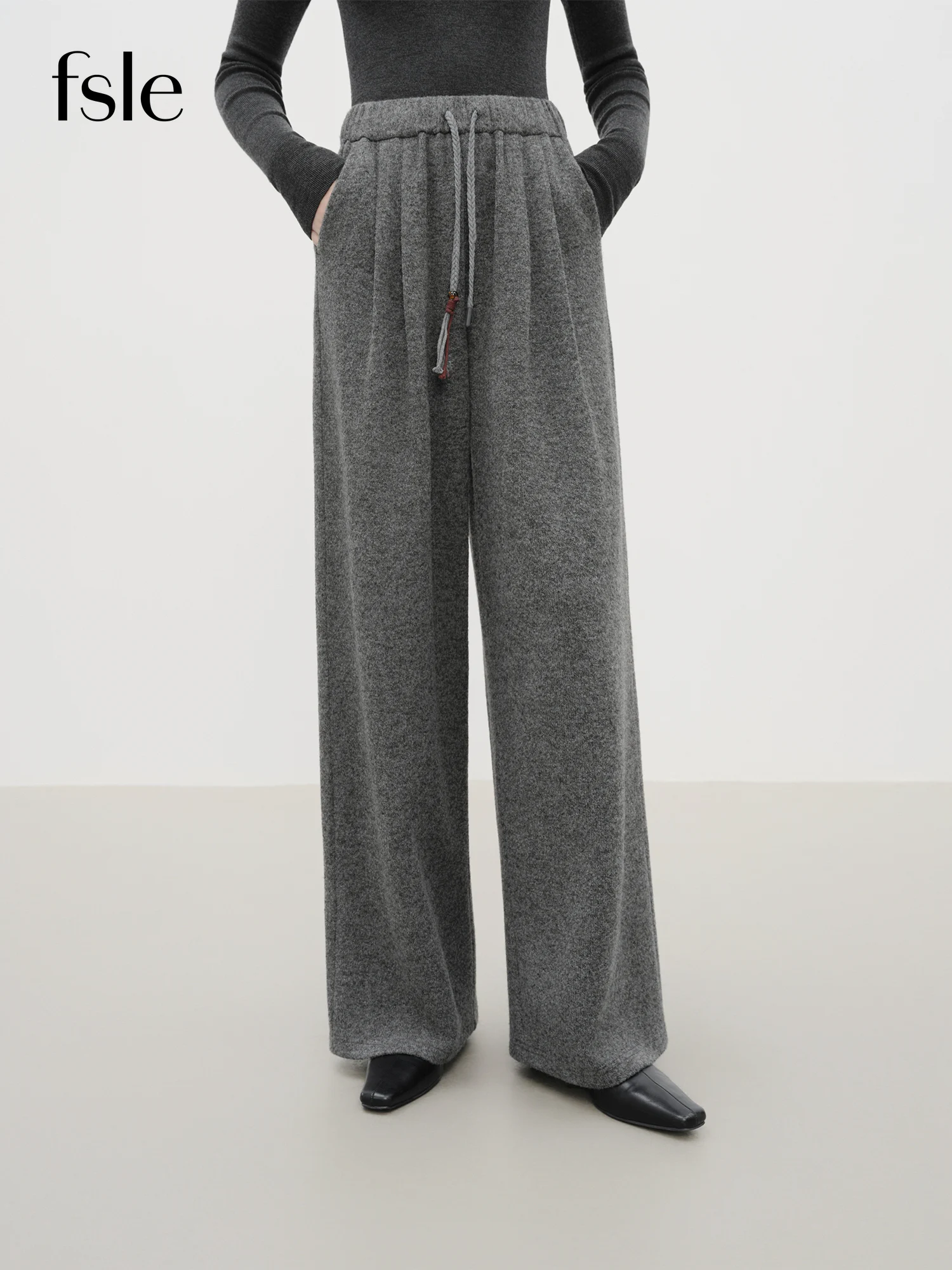 

FSLE Элегантные шерстяные брюки с клецками из риса и эластичной резинкой на талии, повседневные зимние брюки прямого кроя для женщин, Новое поступление 2023 г.