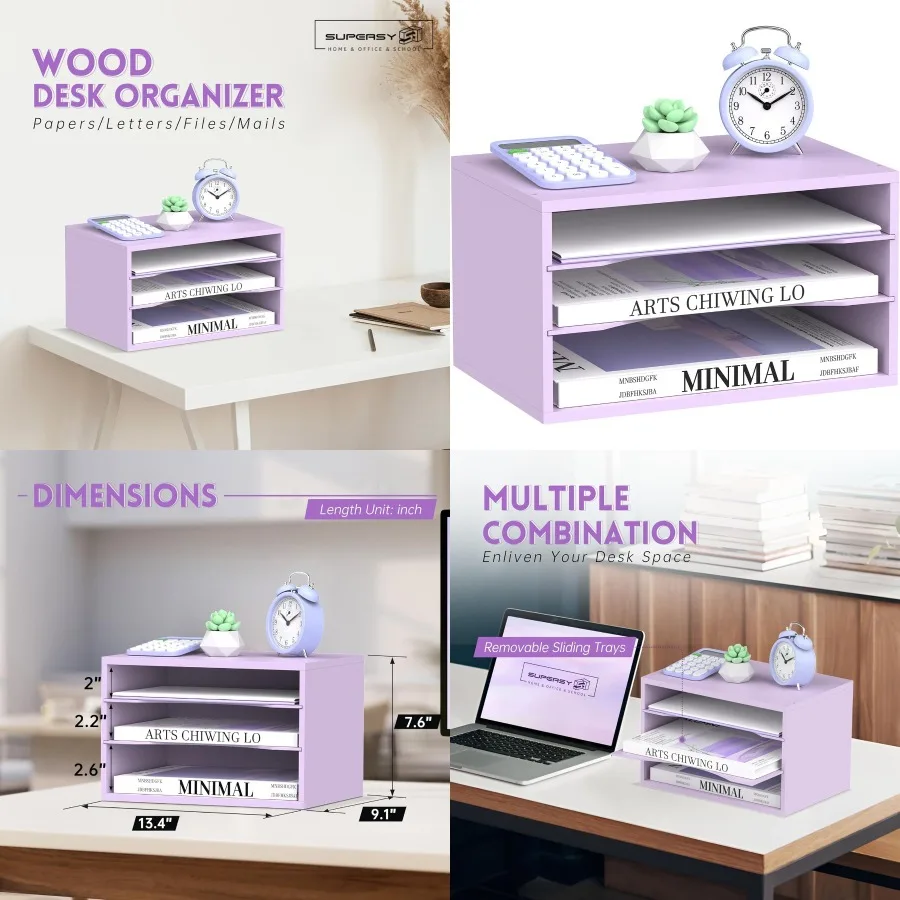 SUPEASY Wood Desk Organizer 3 Tier Paper File Organizer for Desk Wooden Desktop Organizer Paper Letter Literature Mail Sorter f