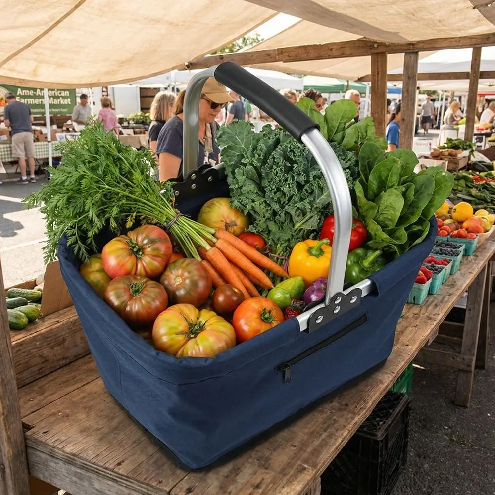 

26 L Grocery Shopping Basket Oxford Cloth Aluminum Frame Market Shopping Basket Folding Handheld Shopping Bag Basket Camping