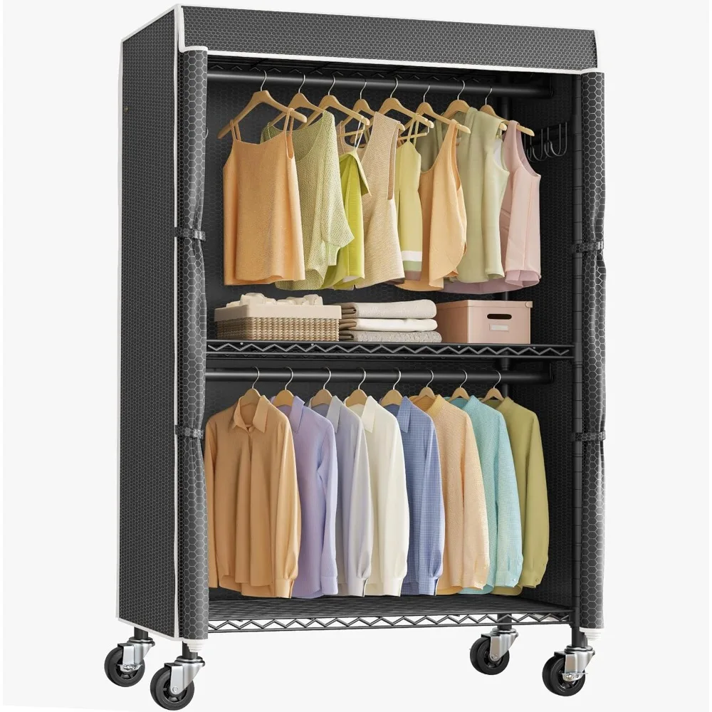 

Sturdy VIPEK R2C Rolling Garment Rack with Cover, Portable Double Rod Closet on Lockable Wheels