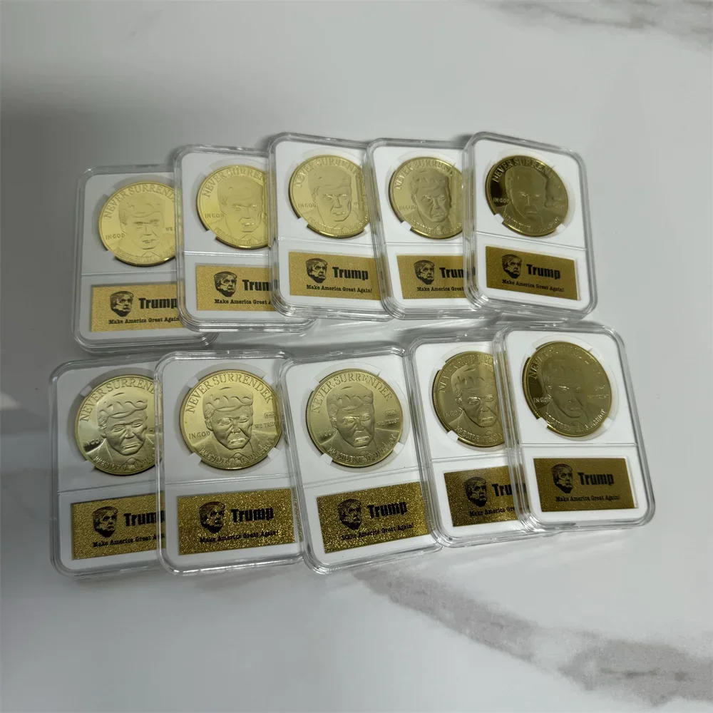 

10pcs Donald Trumb Fighting Shooting 2024 Gold Plated Coins Includes anti-counter Silver commemorative Coin badge in case