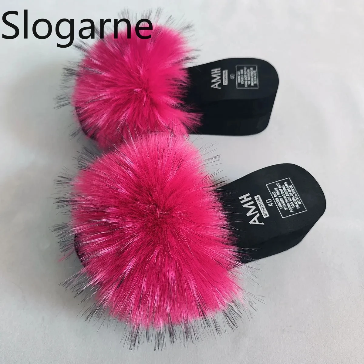 Lady Fuzzy Slides Luxury Fur Slippers Women Raccoon Fur Slides Woman 5.5CM Platform Shoes 2026 New Fluffy Summer Sandals Wedges