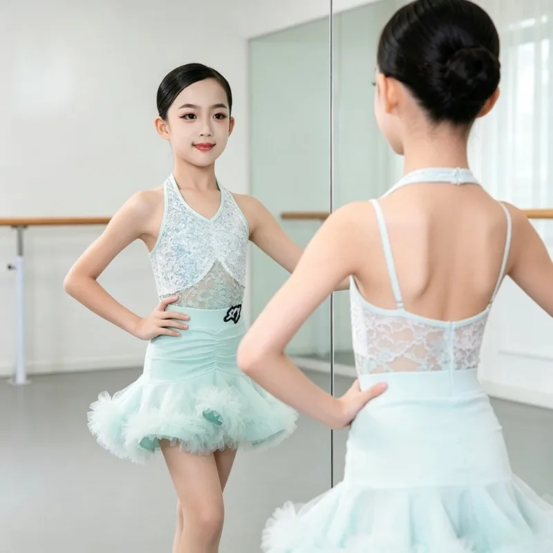 

New Fashion Latin Dance Dress Sequins Fluffy Skirt Split Set Ballroom Practice Performance Competition Dancewear For Girls