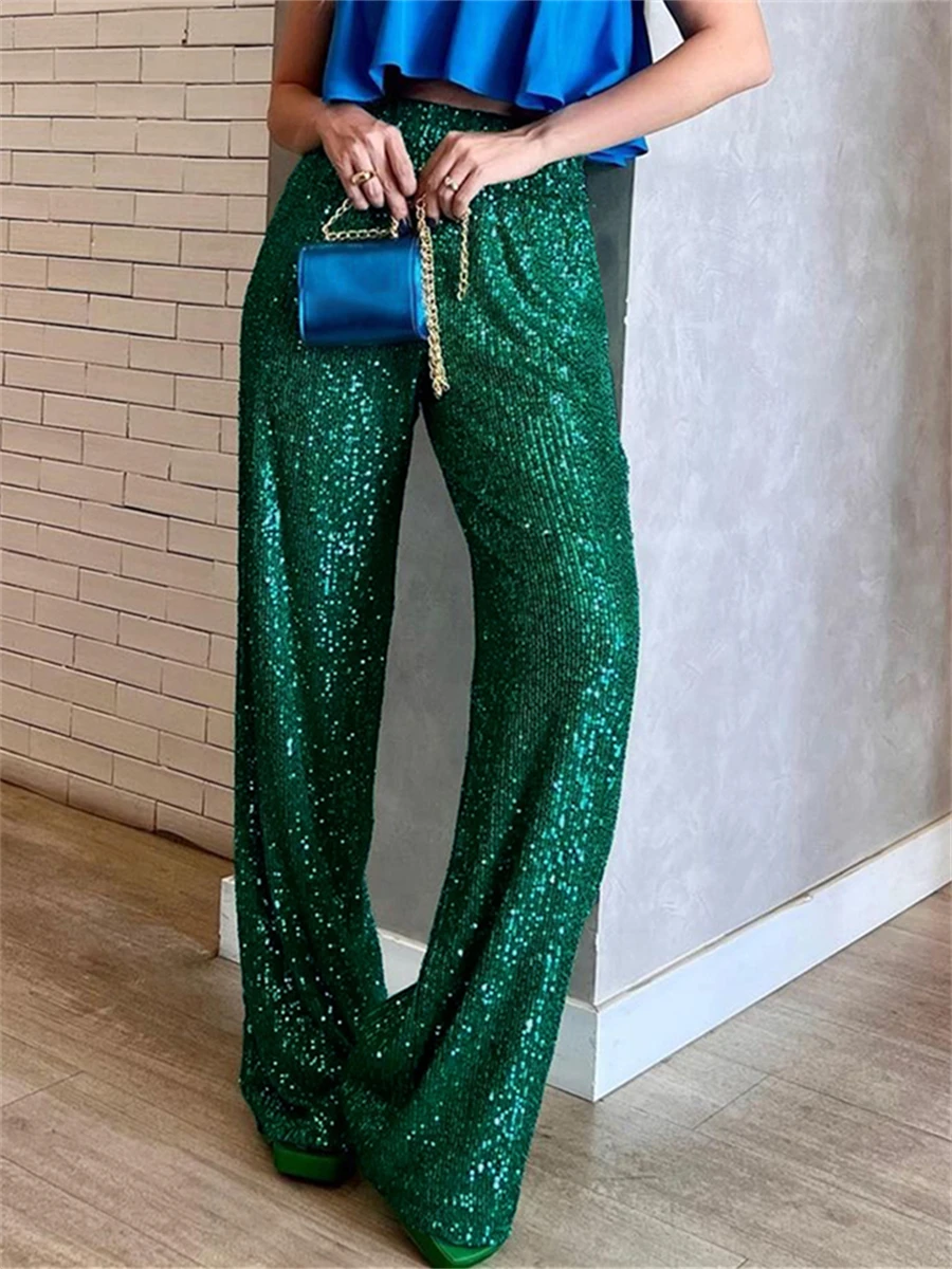 wsevypo Shiny Sequins Wide Leg Pants for Women Casual Loose Elastic High Waist Straight Leg Trousers for Office Streetwear