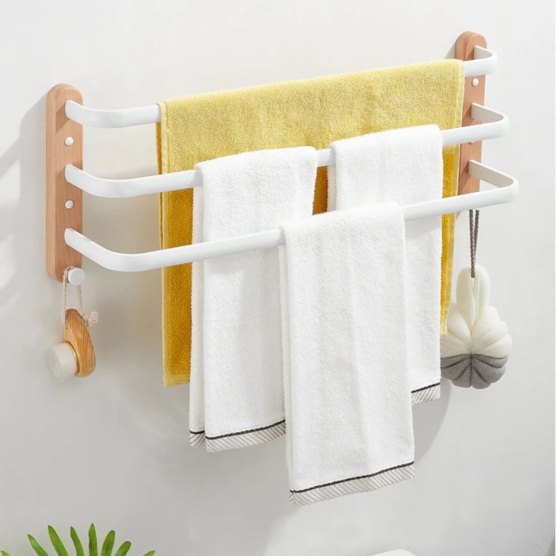 Wall Mounted Multi Tier Towel Bar Wooden Towel Storage Shelf for Bathroom Functional Decorative Organizational