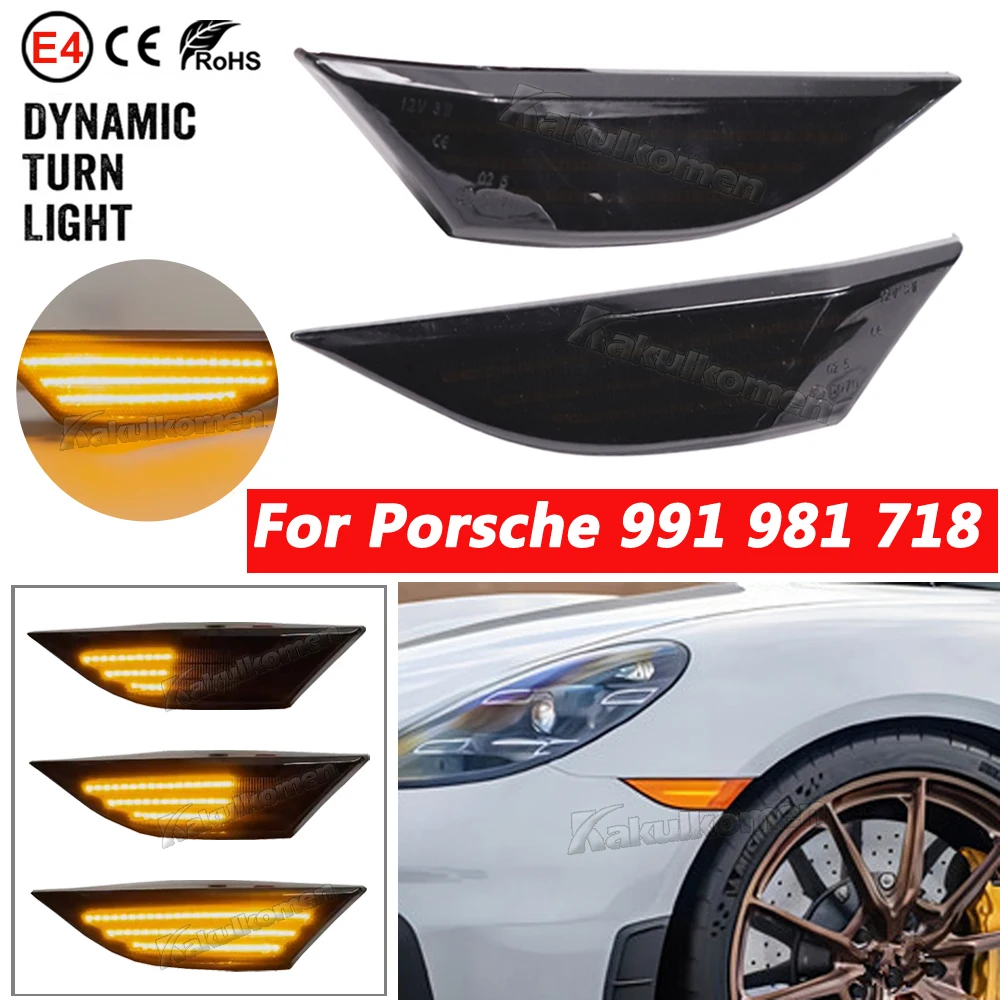 For Porsche Boxster Cayman 982 981 718 Spyder 991 911 Carrera LED Dynamic Front Side Marker Lights Turn Signal Blinker Lamp 2Pcs