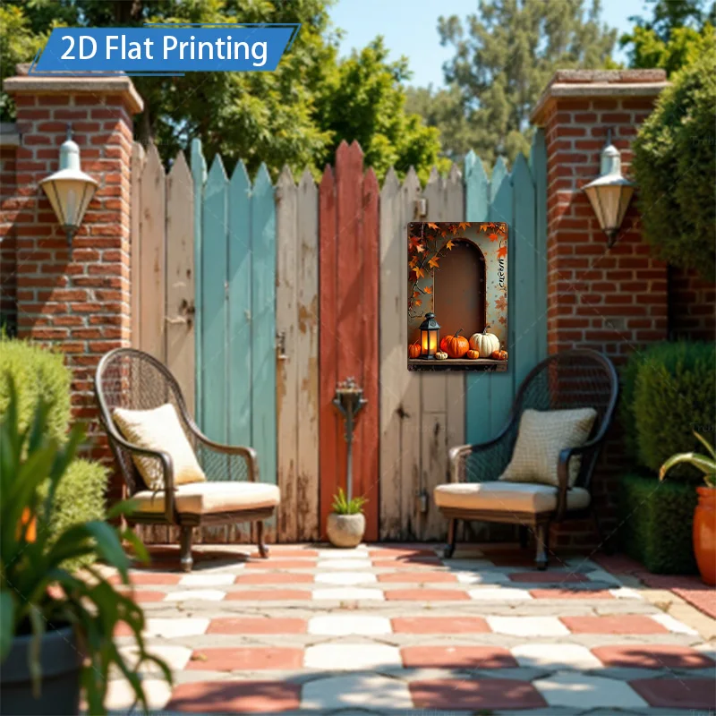 1pc 8x12inch Metal Sign Autumn Harvest Scene with Pumpkins and Lantern 2D Flat Printing Metal Art Decor