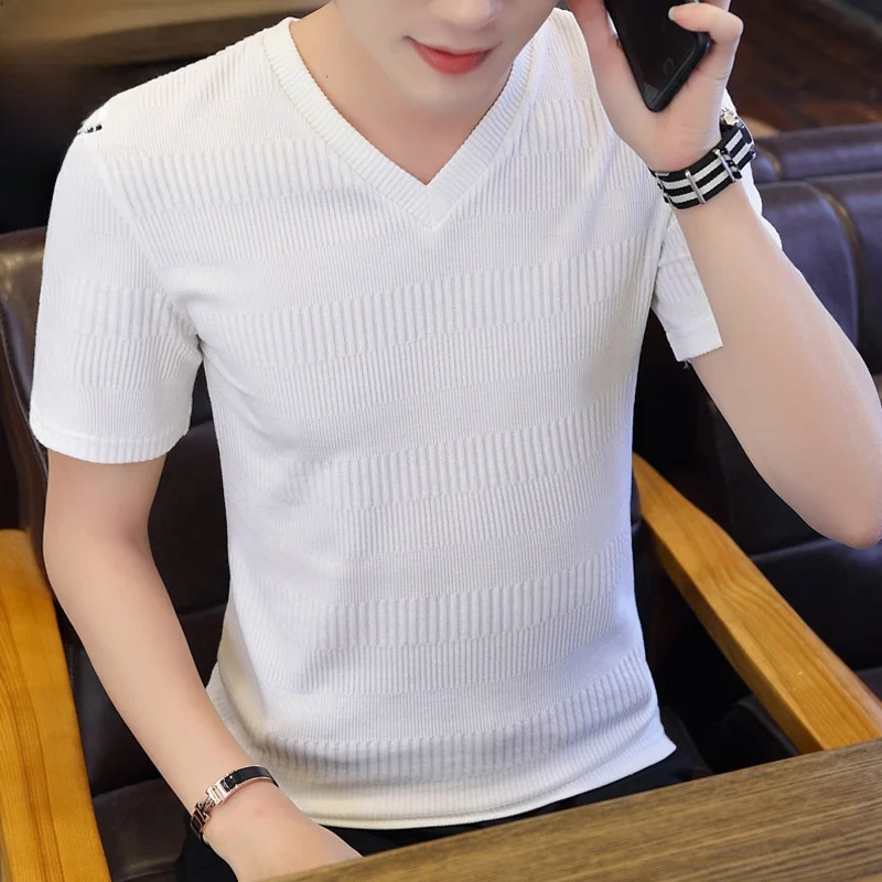 

Мужская летняя футболка с V-образным вырезом и коротким рукавом, новая модная белая футболка, верхняя одежда для мужчин